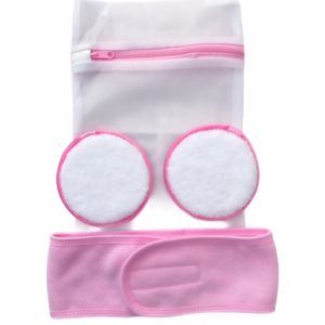 4Pc Skin Care Set - Soft Reusable Makeup Remover Cleansing Plush Puff, Hair band and Mesh Bag